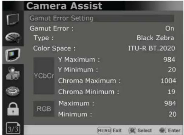 Camera Assist Gamut Error Setting Gamut Error : On Type : Black Zebra Color Space : ITU-R BT.2020 Y Maximum : 984 Y Minimum : 20 Chroma Maximum : 1004 Chroma Minimum : 19 RGB Maximum : 984 Minimum : 20 3/3 MENU Exit Select Enter