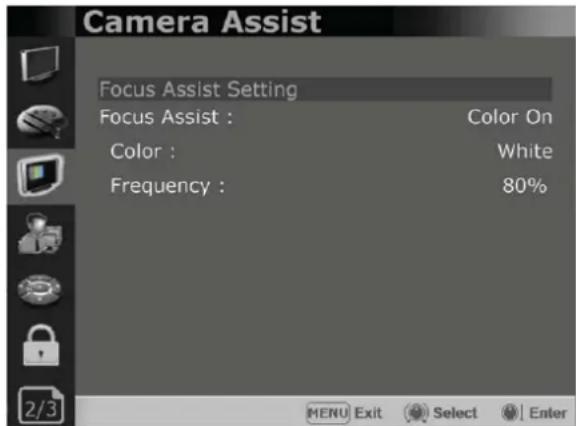 Camera Assist Focus Assist Setting Focus Assist : Color On Color : White Frequency : 80% MENU Exit Select Enter
