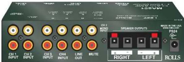 CH 1 INPUT CH 2 INPUT CH 3 INPUT CH4 INPUT LINE OUT MUTE CH 2 MIND INPUT SPEAKER OUTPUTS RIGHT LEFT ROLL Made in the USA PS24