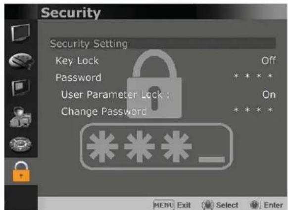 Security Security Setting Key Lock Off Password * * * * User Parameter Lock : On Change Password * * * * MENU Exit Select Enter