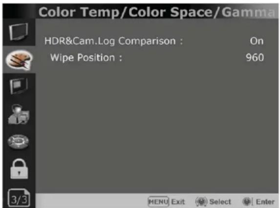 Color Temp/Color Space/Gamma HDR&Cam.Log Comparison : On Wipe Position : 960 MENU Exit Select Enter