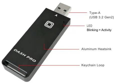 Type-A (USB 3.2 Gen2) LED Blinking = Activity DASH PRO Aluminum Heatsink Keychain Loop