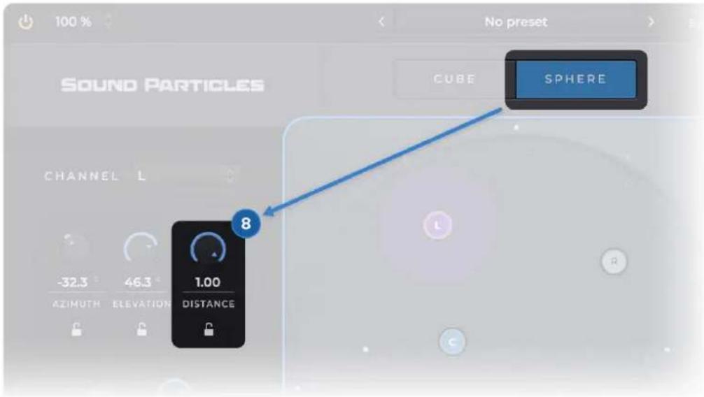 100 % SOUND PARTICLES CUBE SPHERE CHANNEL L -32.3 46.3 1.00 AZIMUTH ELEVATION DISTANCE 8