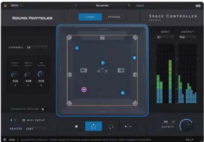 100% No preset SAVE SOUND PARTICLES CUBE SPHERE SPACE CONTROLLER STUDIO CHANNEL Is 6 8 6 OUTPUT 51 73.2 HEIGHT LEFT OFF RIGHT LEFT RIGHT 0.55 -0.58 0.00 R Y Z ADVANCED OPTIONS 28 WIFI SETUP REMOTE Link1 OUTPUT Help | Access the manual. Create support tickets, watch tutorials and check other support materials HELP