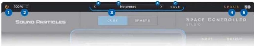 100 % A B C No preset SAVE UPDATE 1 2 3 4 5 SOUND PARTICLES CUBE SPHERE SPACE CONTROLLER STUDIO INPUT OUTPUT
