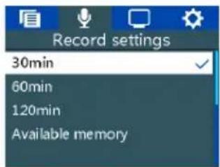 Record settings 30min 60min 120min Available memory