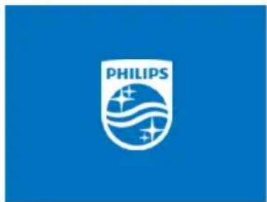 Blue background with a white Philips shield logo featuring stylized waves and sparkles (no text or symbols beyond the logo design)