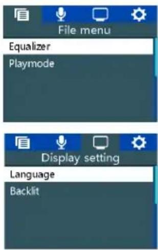 File menu Equalizer Playmode Display setting Language Backlit