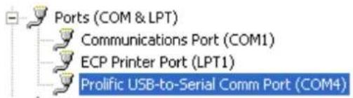Ports (COM & LPT) Communications Port (COM1) ECP Printer Port (LPT1) Prolific USB-to-Serial Comm Port (COM4)