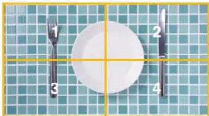 White plate with four fork and knife arranged on a teal tiled background (no text or symbols).