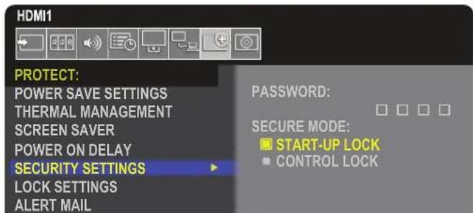 HDMI1. PROTECT: POWER SAVE SETTINGS, THERMAL MANAGEMENT, SCREEN SAVER, POWER ON DELAY, SECURITY SETTINGS, LOCK SETTINGS, ALERT MAIL. PASSWORD: SECURE MODE: START-UP LOCK, CONTROL LOCK.