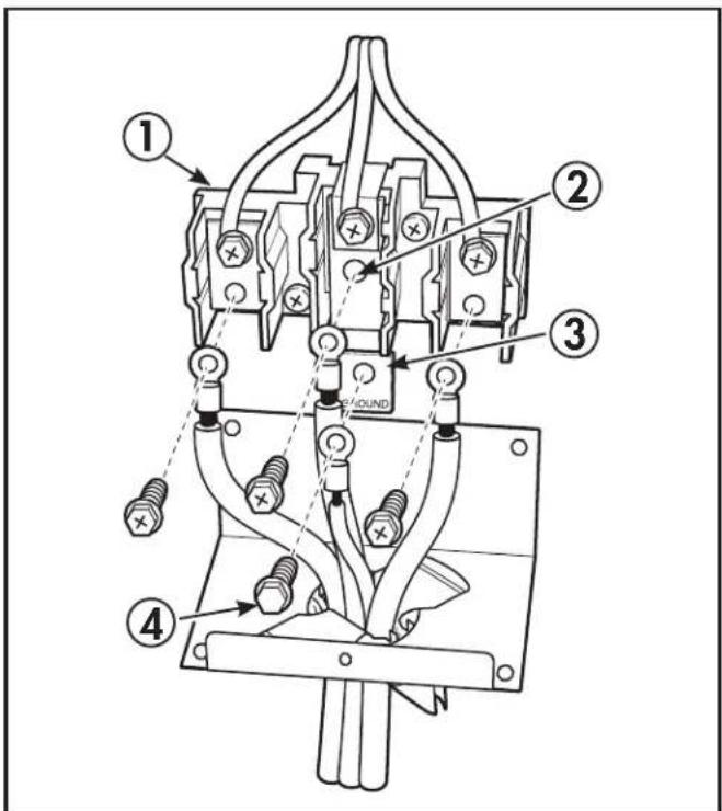 Technical diagram of a mechanical contactor or relay with numbered parts and labeled connection points