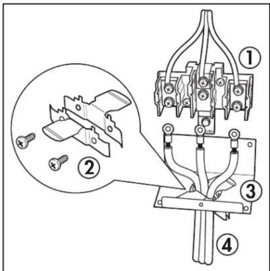 Technical diagram of a mechanical clamp or bracket assembly with numbered parts and an inset showing disassembled parts.