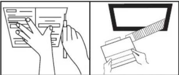 Two-step diagram showing hand holding a document and using a tool to interact with a monitor, illustrating document processing or documentation steps.