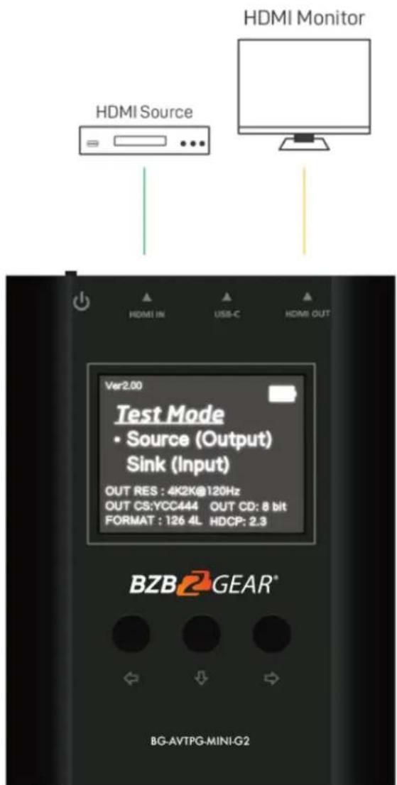 HDMI Monitor HDMI Source Test Mode • Source (Output) Sink (Input) OUT RES : 4K2K@120Hz OUT CS:YCC444 OUT CD: 8 bit FORMAT : 126 4L HDCP: 2.3 BZB2 GEAR® BG-AVTPG-MINI-G2