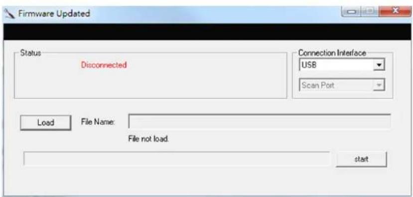 Firmware Updated Status Disconnected Connection Interface USB Scan Port Load File Name: File not load. start
