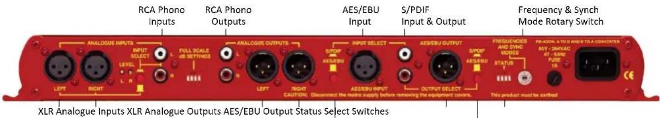 RCA Phono Inputs RCA Phono Outputs AES/EBU Input S/PDIF Input & Output Frequency & Synch Mode Rotary Switch ANALOGUE INPUTS INPUT SELECT FULL SCALE OS SETTINGS ANALOGUE OUTPUTS S/PDF INPUT SELECT AES/EBU AES/EBU OUTPUT S/PDF AES/EBU FREQUENCES AND SYNC MODES STATUS RI-ADOL & TO D AND O TO A CONVERTER 85V - 26kVAc 47 - 50pB FUSE 1A LEFT RIGHT LEVEL L N R N R N RIGHT CAUTION: Disconnect the main supply before removing the equipment covers. OUTPUT SELECT XLR Analogue Inputs XLR Analogue Outputs AES/EBU Output Status Select Switches This product must be certified