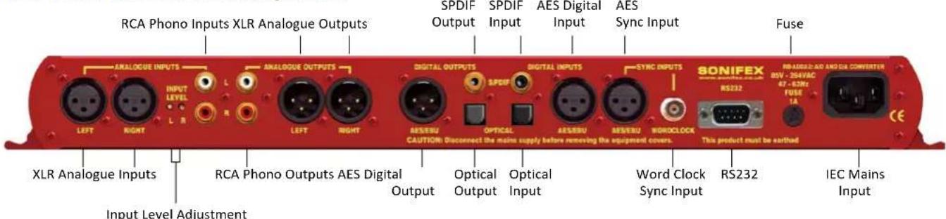 RCA Phono Inputs XLR Analogue Outputs SPDIF Output SPDIF Input AES Digital Input AES Sync Input Fuse ANALOGUE INPUTS INPUT LEVEL L R LEFT RIGHT ANALOGUE OUTPUTS RIGHT LEFT RIGHT DIGITAL OUTPUTS SPDIF DIGITAL INPUTS SYNC INPUTS BONIFEX RS232 RB-ARJ42-AD AND DA CONVERTER 05V - 264VAC 47 - 63Rt FUSE 1A XLR Analogue Inputs RCA Phono Outputs AES Digital Output Optical Output Optical Input Word Clock Sync Input This product must be earthed Input Level Adjustment IEC Mains Input