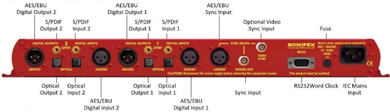 AES/EBU Digital Output 2 S/PDIF Output 2 S/PDIF Input 2 AES/EBU Digital Output 1 S/PDIF Output 1 S/PDIF Input 1 AES/EBU Sync Input Optional Video Sync Input Fuse DIGITAL OUTPUTS 2 S/PDIF OPTICAL DIGITAL INPUTS AES/EBU Optical Optical Optical Optical Optical Digital Inputs 1 S/PDIF DIGITAL OUTPUTS 1 S/PDIF OPTICAL DIGITAL INPUTS AES/EBU AEE/EBU AUDIO: Disconnect the mains supply before removing the equipment covers. SYNC INPUTS VIDEO SYNC SONIFEX RS232 NS-ICD DUAL SAMPLE RATE CONVERTER 80V - 264VAC 47 - 62Hz FUSE 1A This product must be earthed RS232Word Clock IEC Mains Input