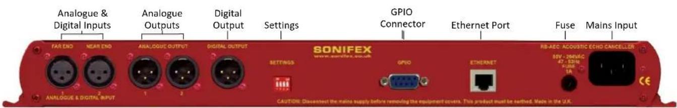 Analogue & Digital Inputs Analogue Outputs Digital Output Settings GPIO Connector Ethernet Port Fuse Mains Input FAR END NEAR END ANALOGUE OUTPUT DIGITAL OUTPUT SONIFEX www.sonifex.eu.uk REFERENCES ANALOGUE & DIGITAL INPUT 1 2 1 2 GPIO ETHERNET RB-REC ACoustic Echo CANCELLER 05V - 260VAC AT: SDIN PLANE 1A CAUTION: Dissected the mains supply before removing the equipment covers. This product must be earthed. Made in the UK.