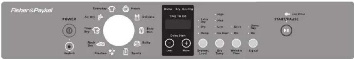 Fisher&Paykel POWER Air Dry Everyday Heavy Delicate Time Dry Easy Iron Back Dry Bulky Fasten Sports Keylock Extra Dry Dry Damp Dry Dry High Low No Heat Extra Dry On Damp Dry On Start/Pause Last More Dryness Level Dry Temp Winkle Free Signal