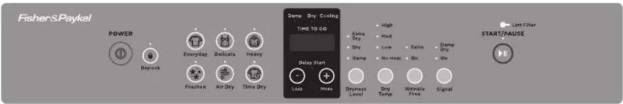 Fisher & Paykel POWER Hayrock Everyday Delicate Heavy Freshen Air Dry Time Dry Samp Dry Cooling TIME TO GO Delay Start Less More Extra Dry Dry Damp Dryness Level Dry Temp Wrinkle Free Signal High Med Low No Heat Extra Dry On Start/PAUSE List Filter