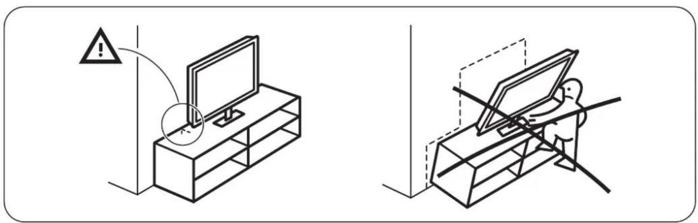 Safety warning illustration showing a device with warning symbol and a person using a device to avoid collision or damage.