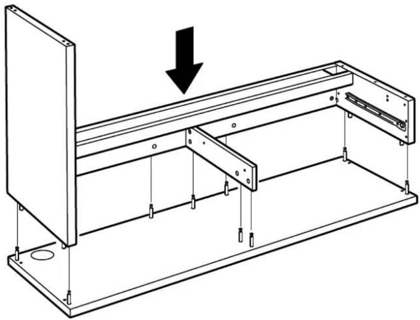 Technical line drawing of a mechanical assembly with mounting brackets and a downward arrow indicating force or direction (no text or symbols)