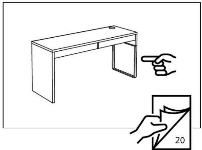 Simple line drawing of a desk with a handle and a folded paper showing a page number 20 (no text or symbols)