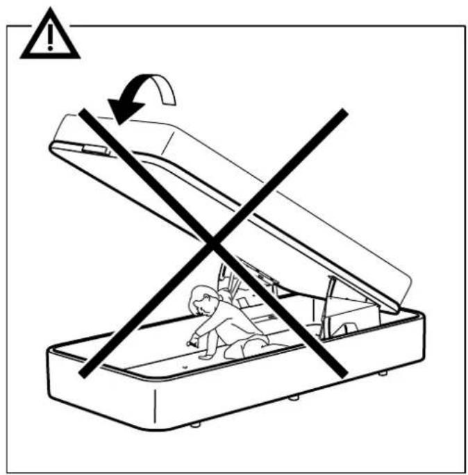 Safety warning illustration showing a child inside an open device with a crossed-out arrow and warning symbol