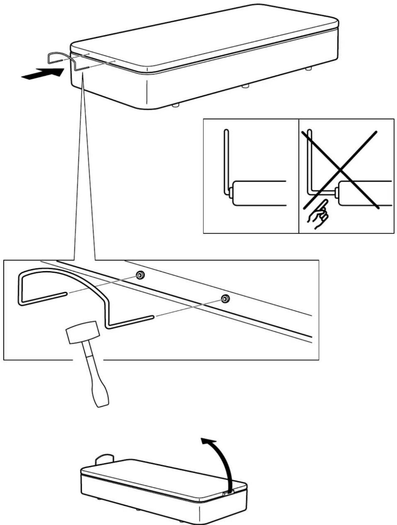 Technical diagram illustrating a tool path and safety instructions for a device, including grip, handle, and tool positioning.