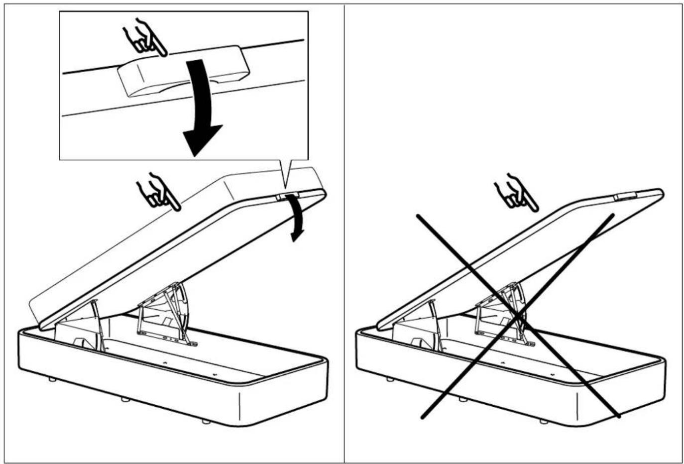 Technical diagram showing a folding mechanism of a device with labeled parts and directional arrows indicating motion.