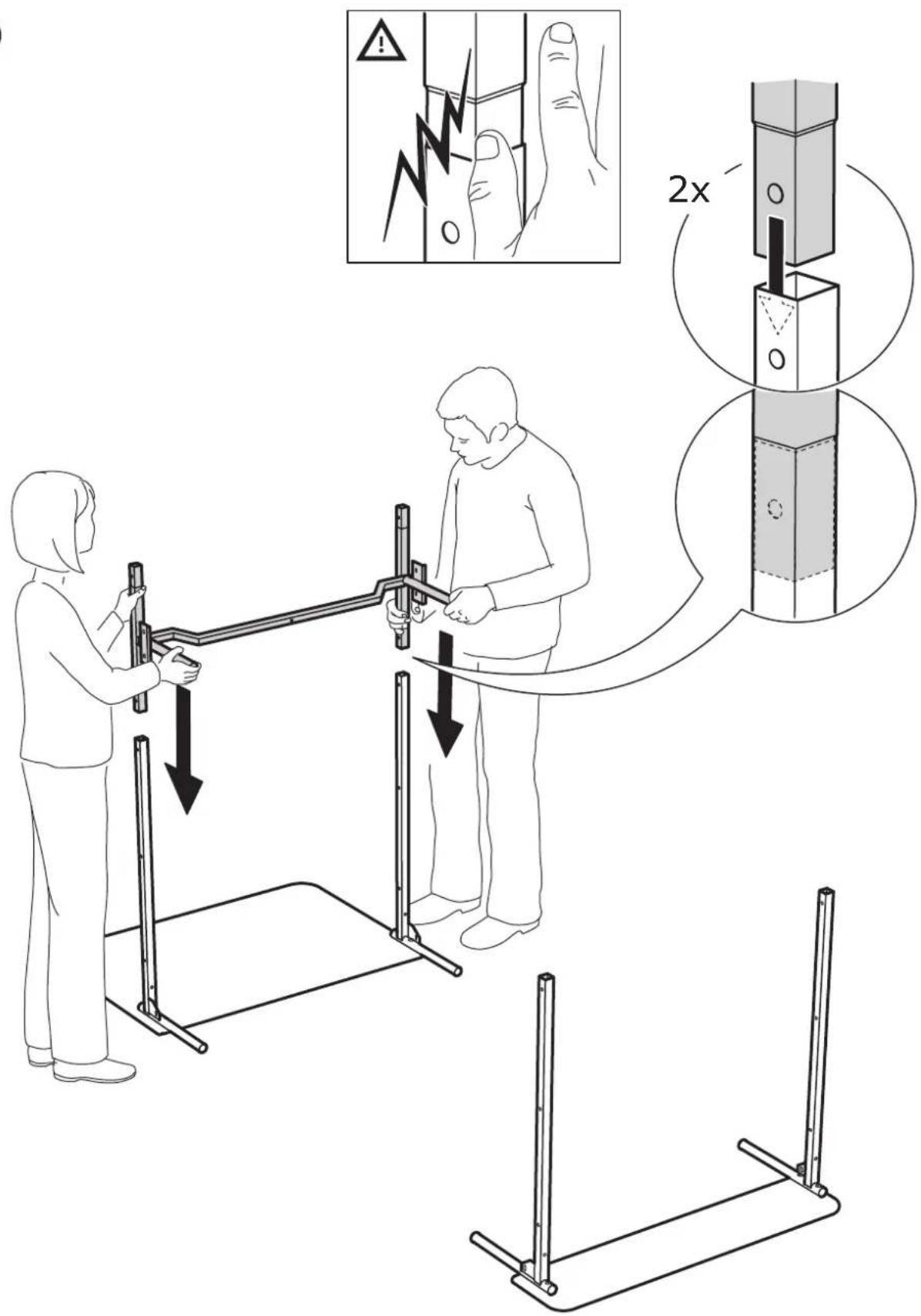 Technical diagram illustrating a mechanical testing setup with labeled components and warning indicators