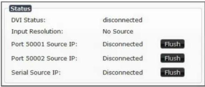 Status DVI Status: disconnected Input Resolution: No Source Port 50001 Source IP: Disconnected Flush Port 50002 Source IP: Disconnected Flush Serial Source IP: Disconnected Flush