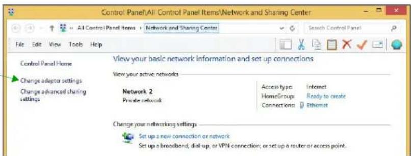 Control Panel\All Control Panel Items\Network and Sharing Center File Edit View Tools Help File Edit View Tools Help View your basic network information and set up connections View your active networks Change adapter settings Change advanced sharing settings Network 2 Private network Access type: Internet HomeGroups: Ready to create Connections: Ethernet Change your networking settings Set up a new connection or network Set up a broadband, dial-up, or VPN connection; or set up a router or access point.