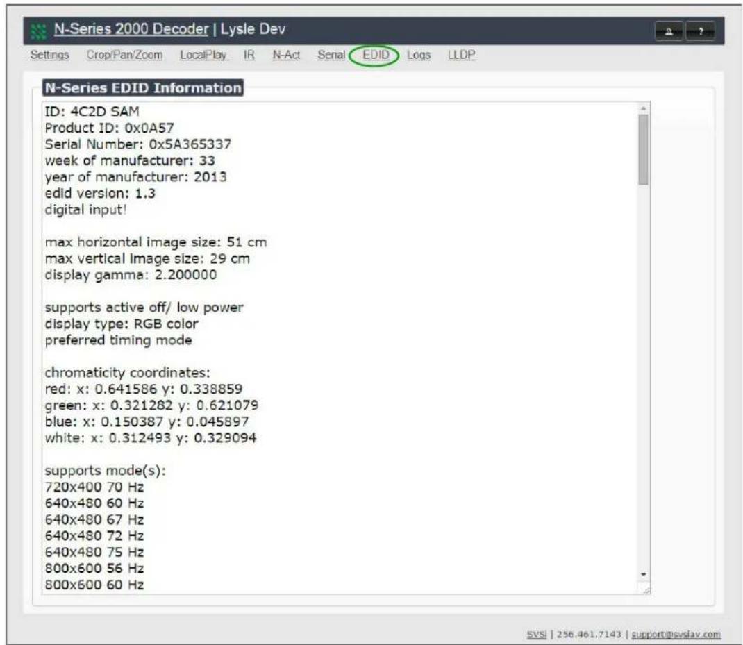 N-Series 2000 Decoder | Lysle Dev Settings Crop/Pan/Zoom LocalPlay_IR N-Act Senai EDID Logs LLDP N-Series EDID Information ID: 4C2D SAM Product ID: 0x0A57 Serial Number: 0x5A365337 week of manufacturer: 33 year of manufacturer: 2013 edid version: 1.3 digital input! max horizontal image size: 51 cm max vertical image size: 29 cm display gamma: 2.200000 supports active off/ low power display type: RGB color preferred timing mode chromaticity coordinates: red: x: 0.641586 y: 0.338859 green: x: 0.321282 y: 0.621079 blue: x: 0.150387 y: 0.045897 white: x: 0.312493 y: 0.329094 supports mode(s): 720x400 70 Hz 640x480 60 Hz 640x480 67 Hz 640x480 72 Hz 640x480 75 Hz 800x600 56 Hz 800x600 60 Hz