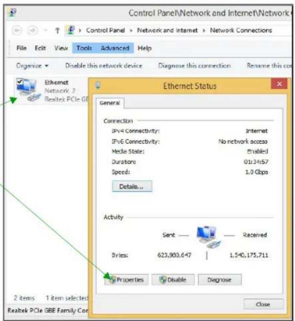 Control Panel\Network and Internet\Network File Edit View Tools Advanced Help Organize Disable this network device Diagnose this connection Rename this con Ethernet Network 2 Realtek PCIe GB Ethernet Status General Connection IPv4 Connectivity: Internet IPv6 Connectivity: No network access Media State: Enabled Duration: 01:34:57 Speed: 1.0 Gbps Details... Activity Sent — Received Bytes: 623,980,647 | 1,540,175,711 Properties Disable Diagnose Close 2 items 1 item selected Realtek PCIe GBE Family Con