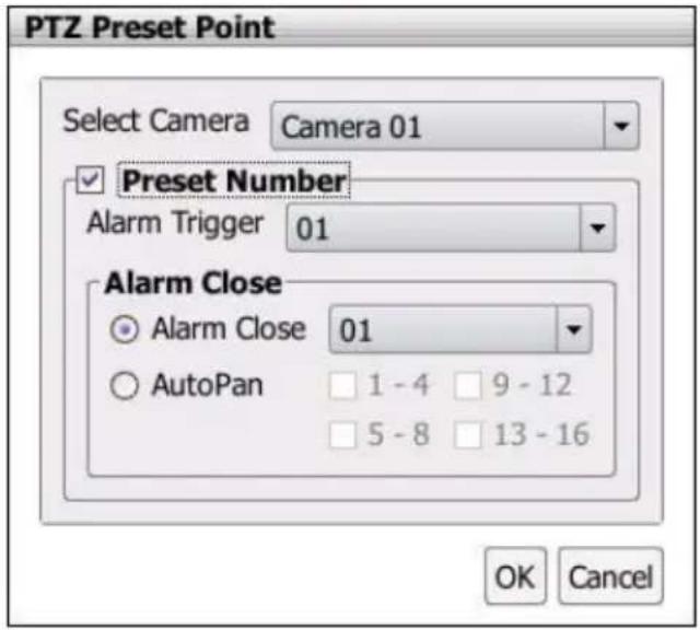 PTZ Preset Point Select Camera Camera 01 ✓ Preset Number Alarm Trigger 01 Alarm Close ● Alarm Close 01 ○ AutoPan 1 - 4 9 - 12 □ 5 - 8 13 - 16 OK Cancel