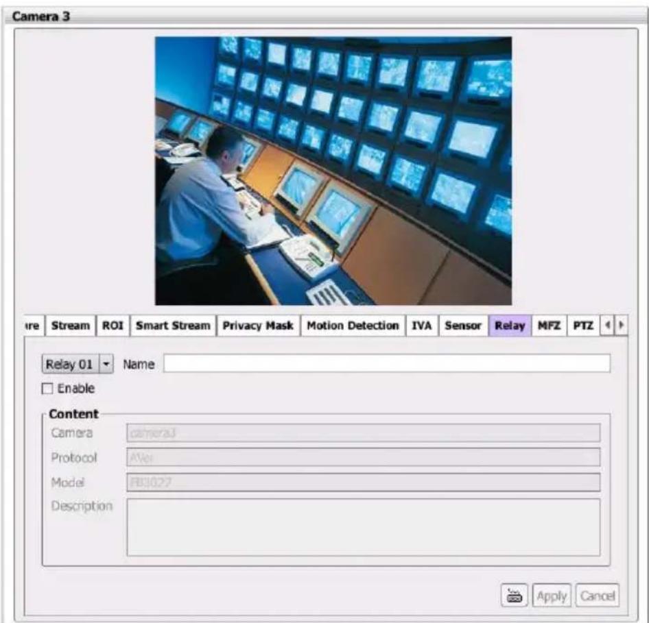 Camera 3 Stream ROI Smart Stream Privacy Mask Motion Detection IVA Sensor Relay MFZ PTZ Relay 01 Name Enable Content Camera cameraJ Protocol AVer Model FBJ027 Description Apply Cancel