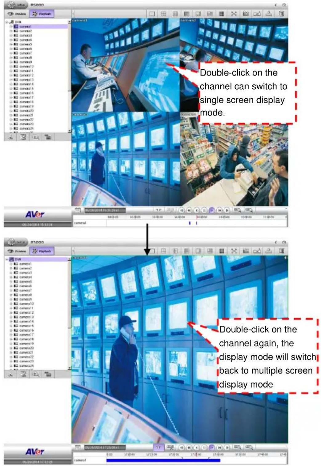 Double-click on the channel can switch to single screen display mode. Double-click on the channel again, the display mode will switch back to multiple screen display mode