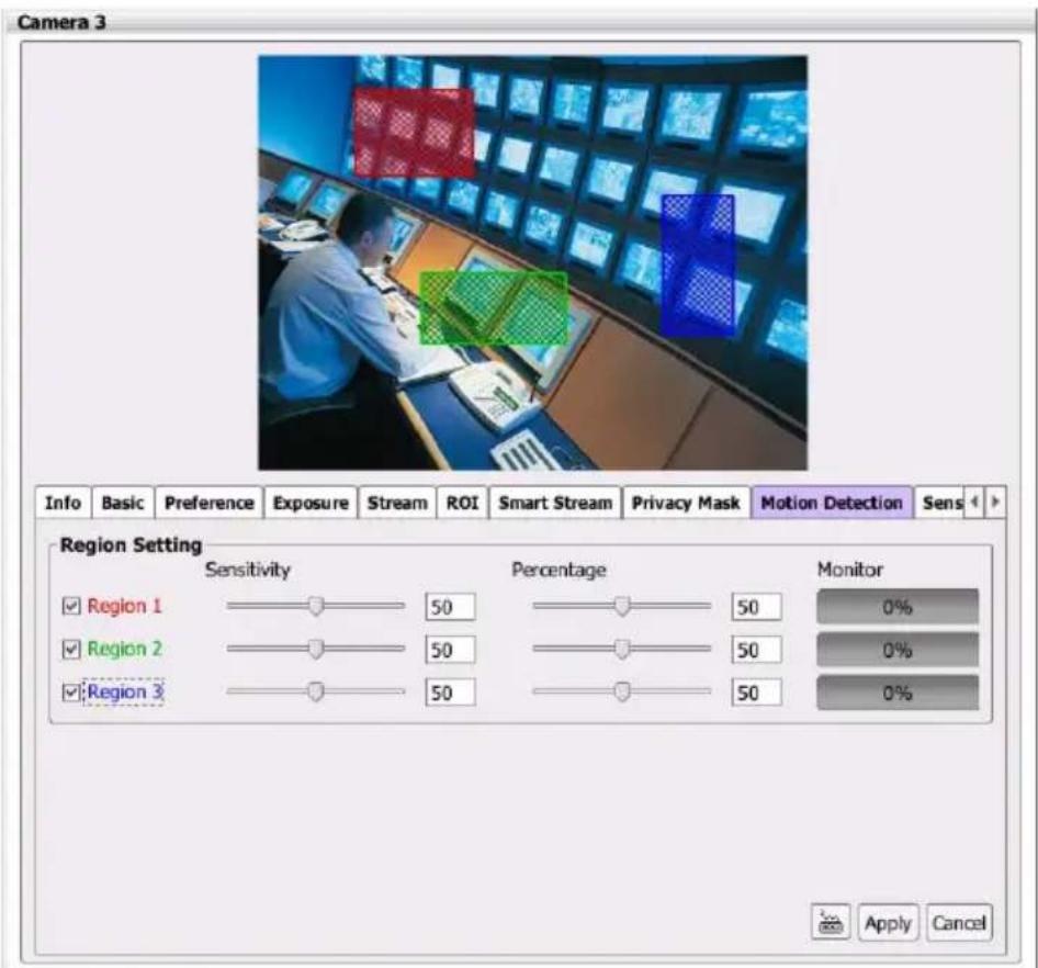 Camera 3 Info Basic Preference Exposure Stream ROI Smart Stream Privacy Mask Motion Detection Sens Region Setting Sensitivity Percentage Monitor Region 1 50 50 0% Region 2 50 50 0% Region 3 50 50 0% Apply Cancel