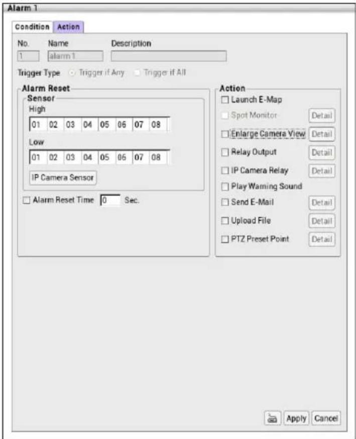 Alarm 1 Condition Action No. Name Description 1 alarm 1 Trigger Type Trigger if Any Trigger if All Alarm Reset Sensor High 01 02 03 04 05 06 07 08 Low 01 02 03 04 05 06 07 08 IP Camera Sensor Alarm Reset Time 0 Sec. Action Launch E-Map Spot Monitor Detail Enlarge Camera View Detail Relay Output Detail IP Camera Relay Detail Play Warning Sound Send E-Mail Detail Upload File Detail PTZ Preset Point Detail Apply Cancel