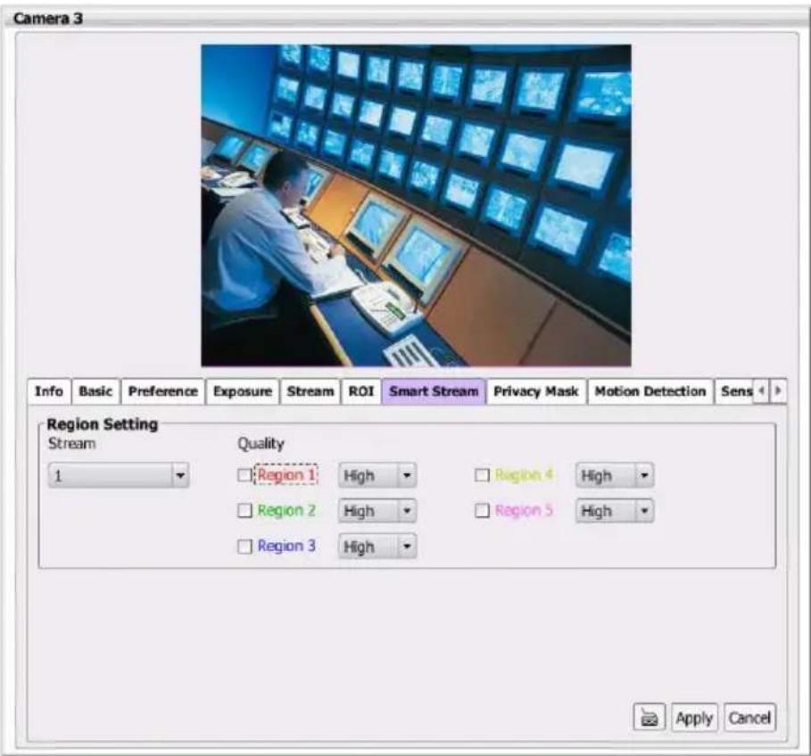 Camera 3 Info Basic Preference Exposure Stream ROI Smart Stream Privacy Mask Motion Detection Sens Region Setting Stream Quality 1 Region 1 High Region 4 High Region 2 High Region 5 High Region 3 High Apply Cancel