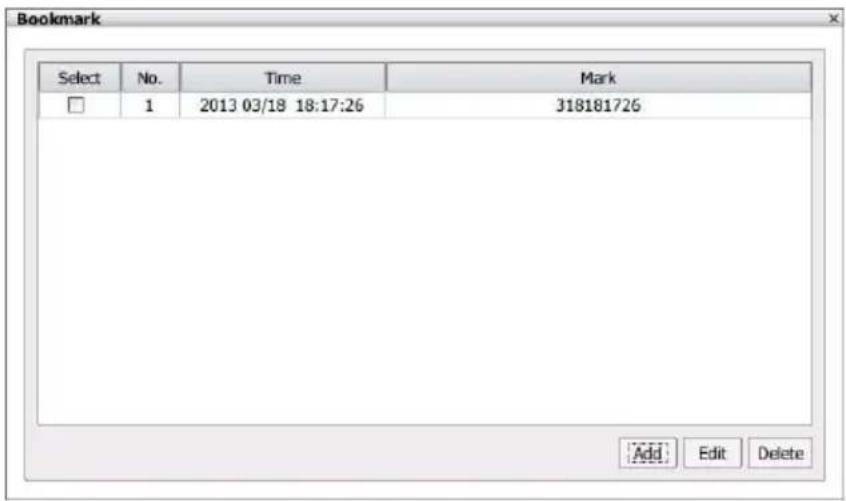 Bookmark Select No. Time Mark □ 1 2013 03/18 18:17:26 318181726 Add Edit Delete