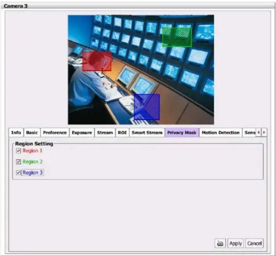Camera 3 Info Basic Preference Exposure Stream ROI Smart Stream Privacy Mask Motion Detection Sens > Region Setting ✓ Region 1 ✓ Region 2 ✓ Region 3 Apply Cancel
