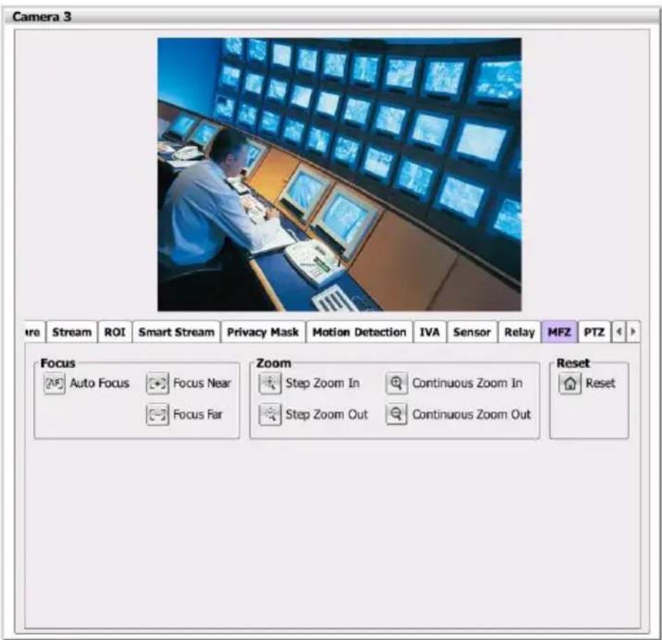 Camera 3 ure Stream ROI Smart Stream Privacy Mask Motion Detection IVA Sensor Relay MFZ PTZ Focus Auto Focus Focus Near Focus Far Zoom Step Zoom In Continuous Zoom In Step Zoom Out Continuous Zoom Out Reset Reset