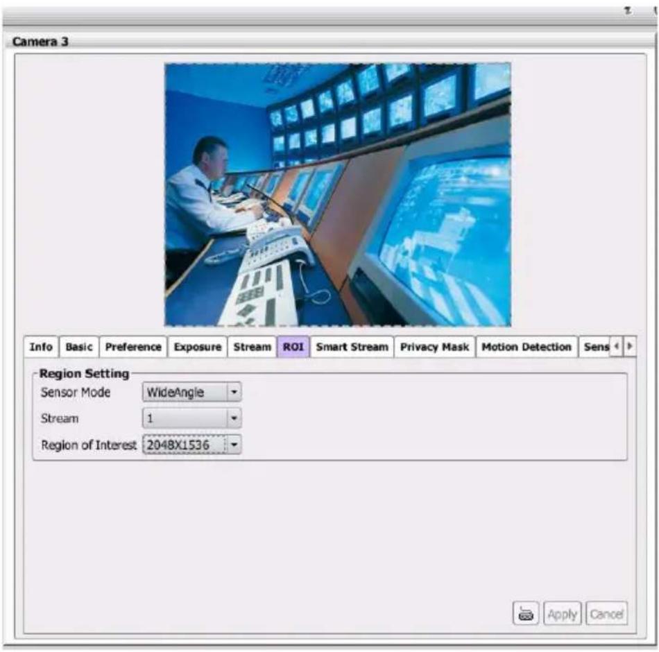 Camera 3 Info Basic Preference Exposure Stream ROI Smart Stream Privacy Mask Motion Detection Sens Region Setting Sensor Mode WideAngle Stream 1 Region of Interest 2048X1536 Apply Cancel
