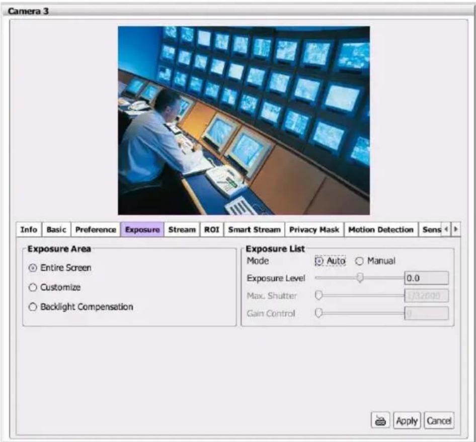 Camera 3 Info Basic Preference Exposure Stream ROI Smart Stream Privacy Mask Motion Detection Sens Exposure Area Entire Screen Customize Backlight Compensation Exposure List Mode Auto Manual Exposure Level 0.0 Max. Shutter 1232000 Gain Control 0 Apply Cancel
