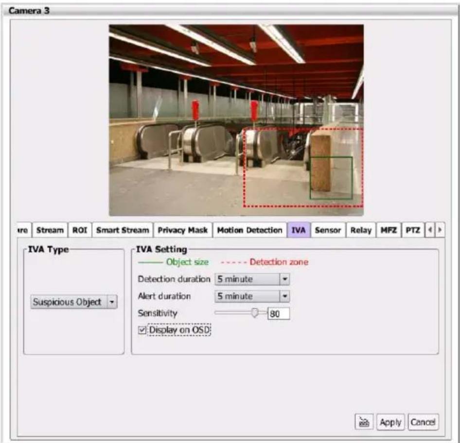 Camera 3 Stream ROI Smart Stream Privacy Mask Motion Detection IVA Sensor Relay MFZ PTZ IVA Type Suspicious Object IVA Setting —— Object size —— Detection zone Detection duration 5 minute Alert duration 5 minute Sensitivity 80 ✓ Display on OSD Apply Cancel