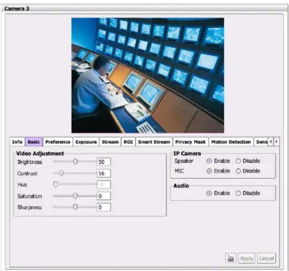 Camera 3 Info Basic Preference Exposure Stream ROI Smart Stream Privacy Mask Motion Detection Sens Video Adjustment Brightness 50 Contrast 16 Hue -5 Saturation 0 Sharpness 0 IP Camera Speaker Enable Disable MIC Enable Disable Audio Enable Disable Apply Cancel